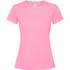 A pink women's T-shirt with short sleeves and a fitted design, featuring a brand logo.