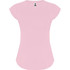 A pink T-shirt with a fitted design and a logo on the collar.