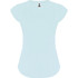 A light blue T-shirt with short sleeves and a scoop neckline, featuring a branding logo.