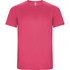 A pink t-shirt featuring a round neckline and short sleeves, with a logo on one sleeve.