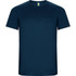 A navy blue t-shirt with a simple design and a small logo on the sleeve.