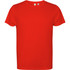 A bright red T-shirt with short sleeves and a simple design. It features a logo on the label.