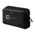 A black packing cube with a mesh panel and a logo on one side, designed for organizing travel items.