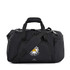A black duffel bag with multiple zippered compartments and a removable shoulder strap. It features a logo on the front.