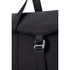 A black duffel bag with a textured finish and a clasp closure, featuring a strap for carrying.