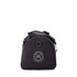 A black duffle bag with a rounded top and a logo feature. Includes a handle and shoulder strap.