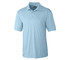 A light blue men's polo shirt with a collar and short sleeves, featuring a branding logo.