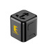 A black mini universal travel adapter featuring multiple socket types and a logo. Compact and portable design.
