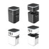 A set of four Luminous Travel Adapters, featuring black and white designs with multiple USB ports and adjustable prongs.