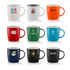 A collection of nine mugs in various colours, each featuring a different logo or branding design.