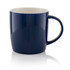 A navy blue barrel mug with a white interior and a matching handle, featuring a logo.