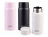 A drink bottle set featuring insulated mini bottles in pink, black, and white, each with a silver stainless steel interior and a logo.