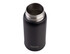A drink bottle in black with a stainless steel opening, featuring a logo on the side.
