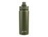 A drink bottle in olive green featuring a quick release cap and a logo on the front.