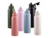 A drink bottle collection featuring green, pink, grey, black, white, and terracotta options, each with a quick release cap.