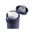 A drink bottle featuring a navy insulated body and a flip-top lid with a grey silicone insert. It has a logo on the side.