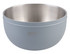 A double wall salad bowl in light blue with a stainless steel interior and an engraved logo.