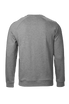 A grey sweatshirt with a simple design and a branding logo on the back.