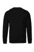 A black sweatshirt with long sleeves and a crew neck, featuring a logo on the back.