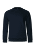 A navy sweatshirt with long sleeves and a round neckline, featuring a logo at the hem.