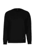 A black sweatshirt featuring a simple design and a small branding label at the bottom.