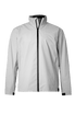 A light grey men's jacket with a high collar and zip front, featuring a logo on the chest.
