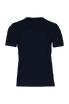 A navy blue men's t-shirt featuring a round neck and short sleeves, with a logo on the upper back.