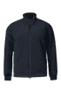 A navy blue hybrid jacket featuring a zip front and a stand-up collar, with a logo on the chest.