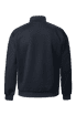 A navy hybrid jacket with a stand-up collar and elasticated cuffs, featuring a logo on the back.