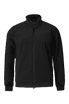 A black hybrid jacket featuring a zip front and a collar, with a logo on the chest area.