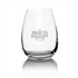 A stemless wine glass with a clear design, featuring an engraved logo and a smooth, rounded shape.
