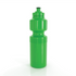 A drink bottle in vibrant green with a rounded body, a flip-top lid, and a textured grip area.