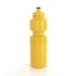 A drink bottle in bright yellow with a textured grip and a black cap, featuring a logo on the body.