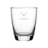 A glass tumbler featuring a clear design and a logo at the base. Ideal for serving beverages.