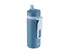 A drink bottle in blue with a light blue lid and handle, featuring a logo on the body. It's a double wall design.