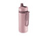 A drink bottle in a soft pink hue with a fitted lid and carrying handle, featuring a logo.