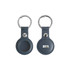 A PU leather AirTag holder in navy blue with a keyring attachment, featuring a logo.