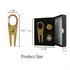 A gold magnetic golf tool set with a carabiner, including a tee, ball marker, and pitchfork in a black box.