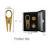 A magnetic golf tool set with carabiner in gold, featuring a ball marker and two tees, packaged in a black box.