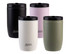 A drink bottle set featuring four insulated travel cups in black, pale pink, white, and olive green, each with a logo.