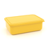 A yellow lunch box with a lid, featuring a textured surface and a simple rectangular design.