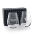 A twin pack of stemless wine glasses, clear glass with a black patterned box and a logo on each glass.