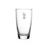 A clear glass tumbler with a simple logo, featuring a tall and sleek design, perfect for beverages.