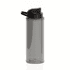 A drink bottle in a smoky grey colour with a black flip-top lid and a logo on the side.