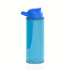 A drink bottle featuring a transparent blue body and a blue lid, along with a logo on the side.