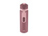 A drink bottle with a pink lid and a matte mauve body, featuring a logo and a room for easy grip.