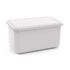 A large white lunch box with a flat lid, featuring a smooth, shiny finish and a simple design.