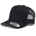 A black trucker cap with a mesh back and a flat brim, featuring a logo on the front.
