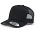 A black trucker cap with a mesh back and a snapback closure, featuring a logo on the side.