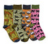 A collection of four pairs of combed cotton socks featuring designs of horses, trucks, dogs, and cows in various colours.